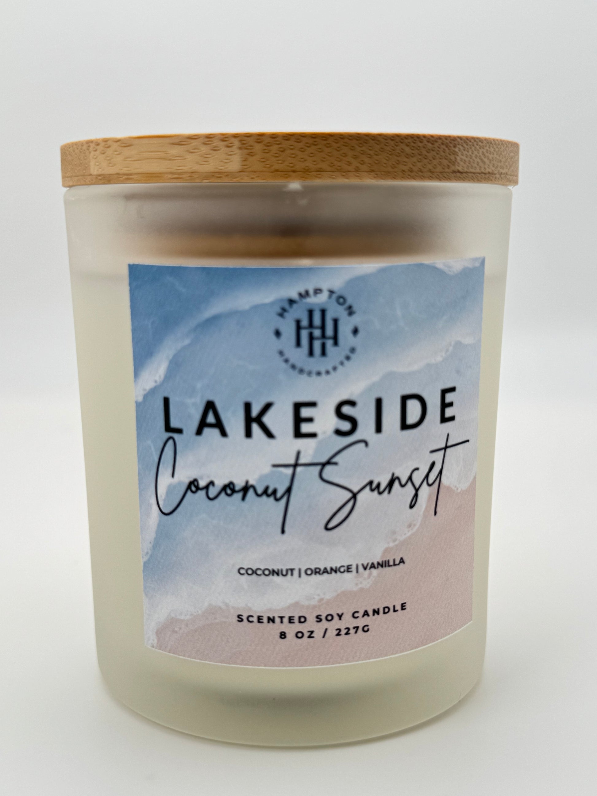 Candle with 'Lakeside' label on a white background
