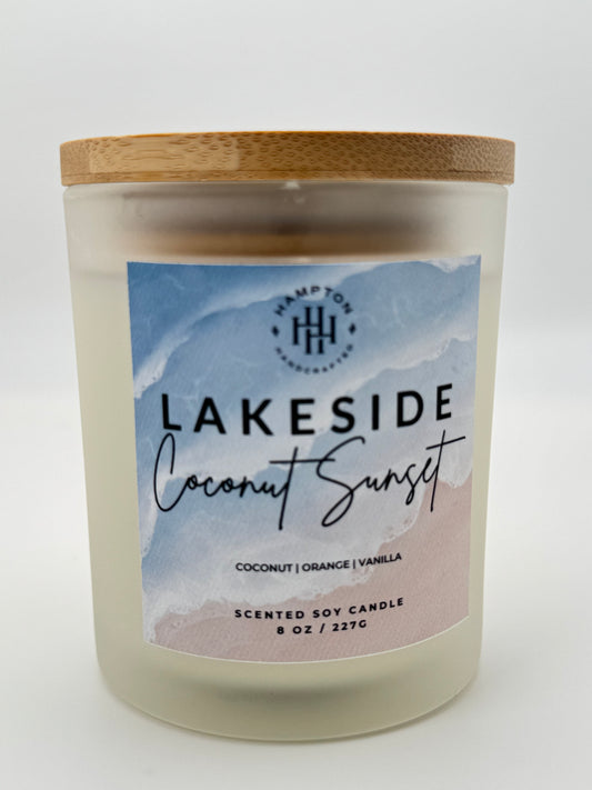 Candle with 'Lakeside' label on a white background