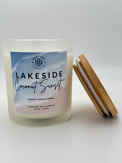 Lakeside Coconut Sunset candle packaging on a white background